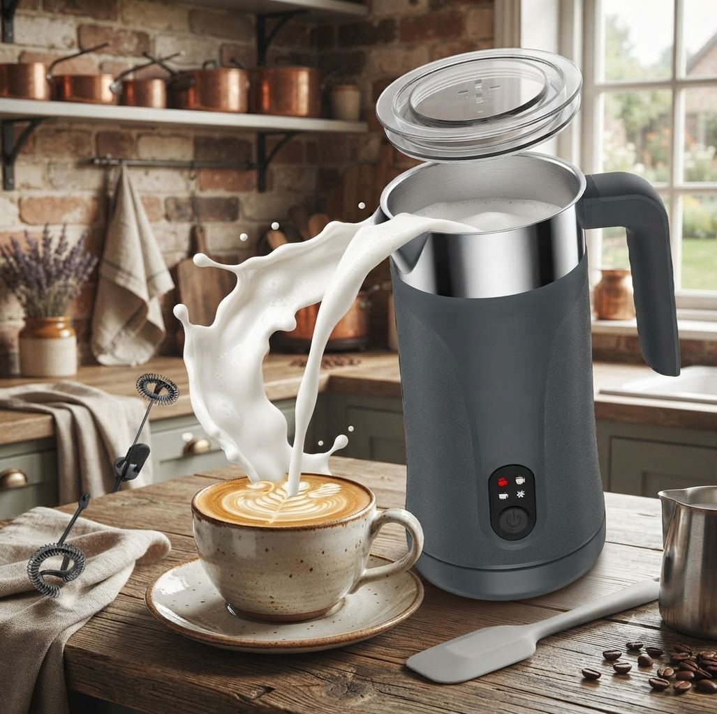 Ovetedot 4-in-1 automatic milk frother and steamer preparing creamy milk foam for cappuccino