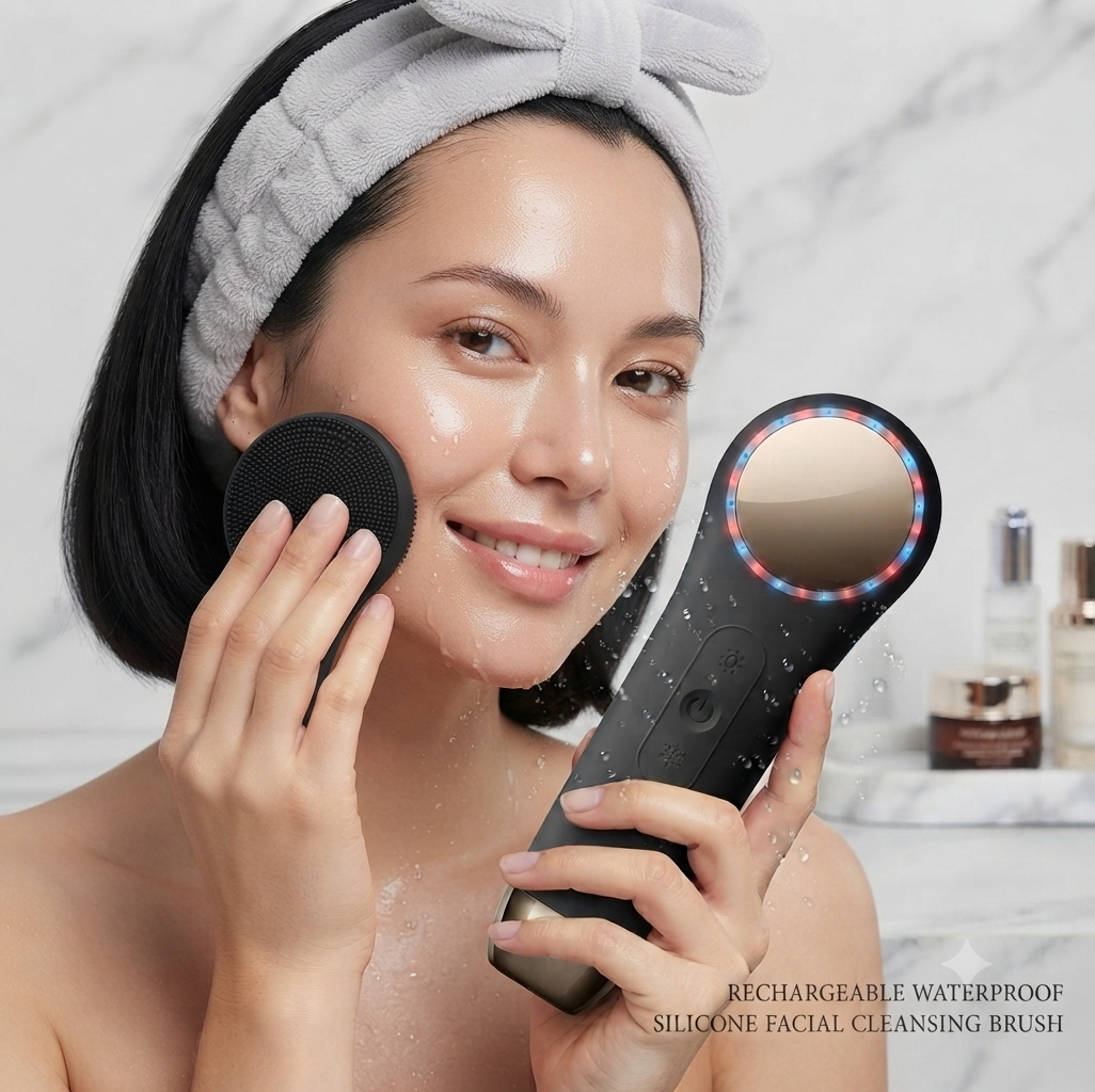 Rechargeable waterproof silicone facial cleansing brush for deep pore cleansing and daily skincare routine
