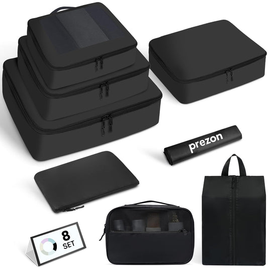 10-piece travel packing cubes organizer set neatly arranged inside an open suitcase