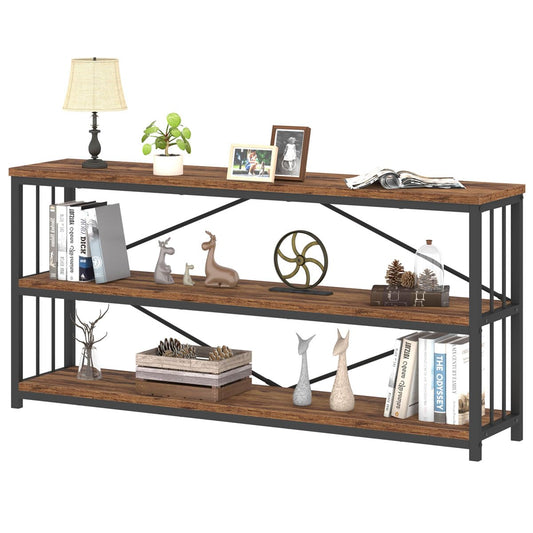 IBF 3-tier industrial wood bookshelf with black steel frame displaying books, plants, and decorative accessories in a modern living room