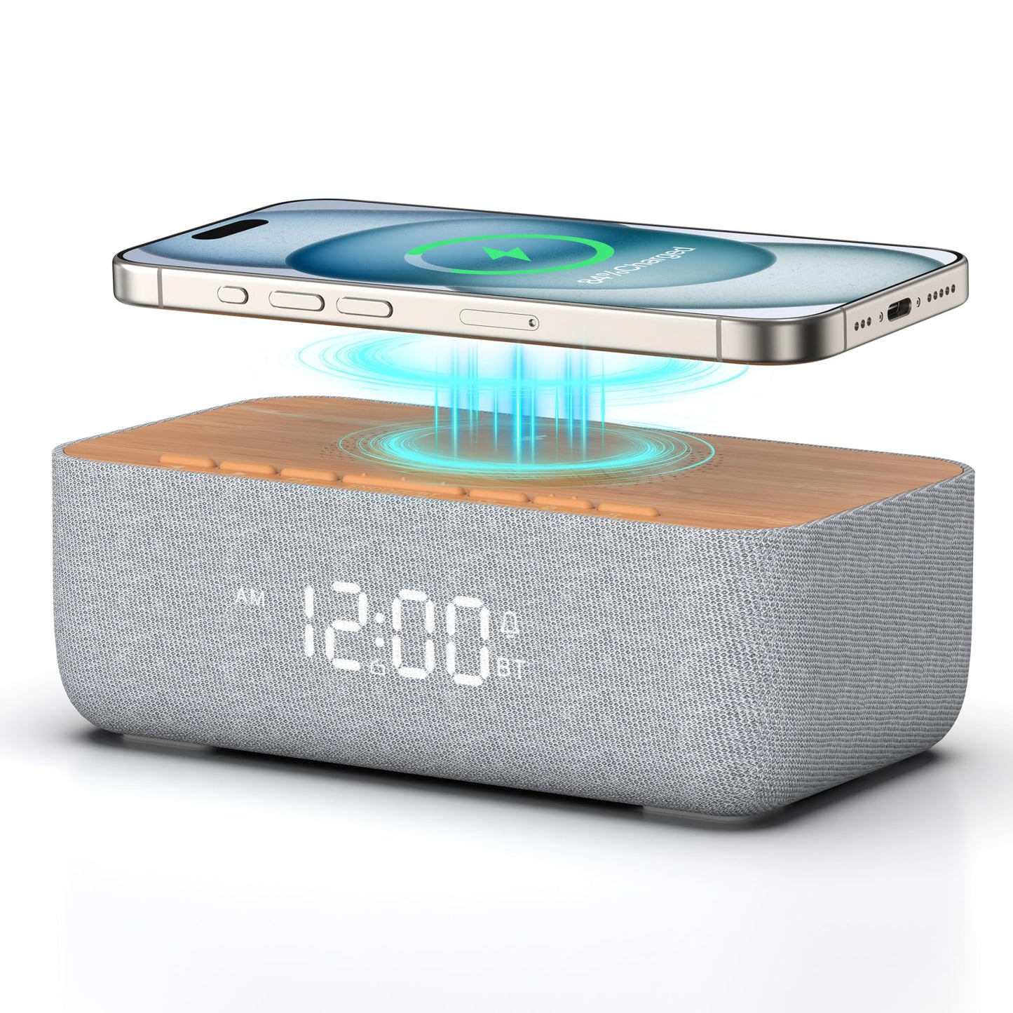 REACHER alarm clock radio with magnetic wireless charger charging an iPhone on a modern bedside table