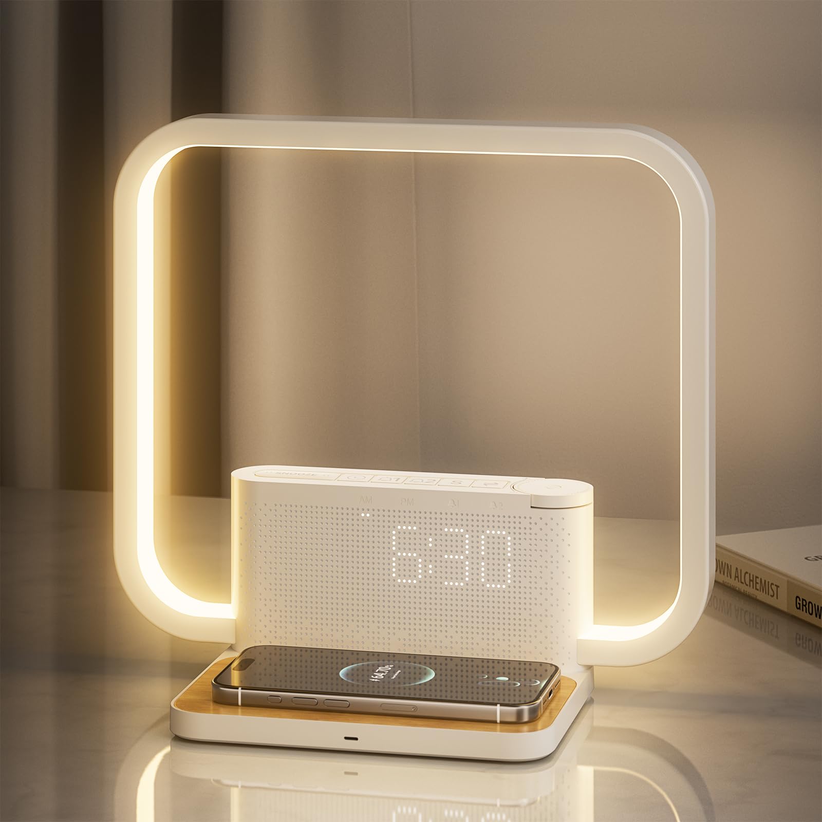 RETEYUNG sunrise alarm clock lamp with wireless charger illuminating a modern bedside table