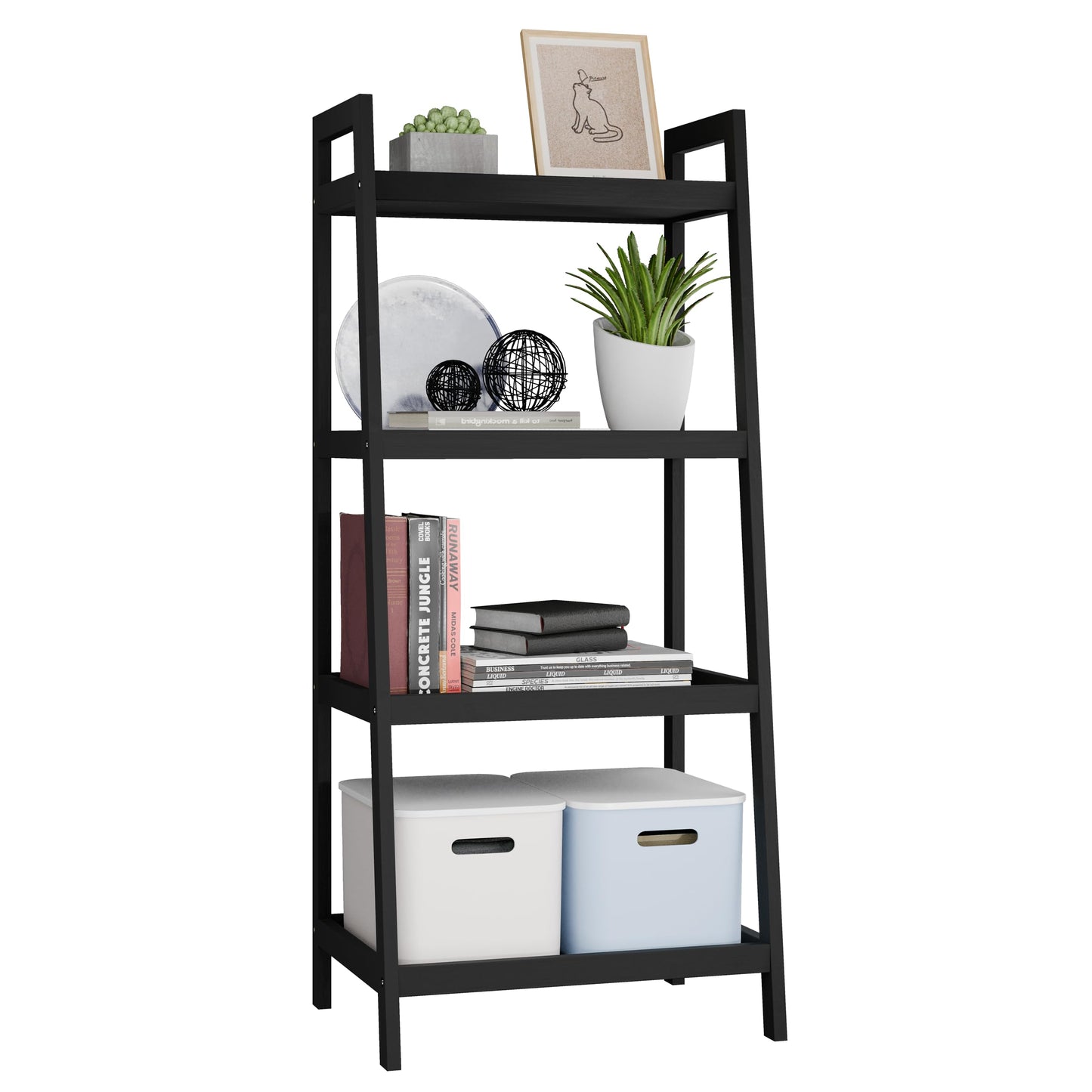 SMIBUY 4-tier natural bamboo ladder shelf displaying plants, books, and decorative accessories in a modern living room