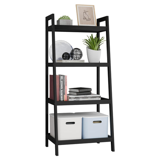 SMIBUY 4-tier natural bamboo ladder shelf displaying plants, books, and decorative accessories in a modern living room