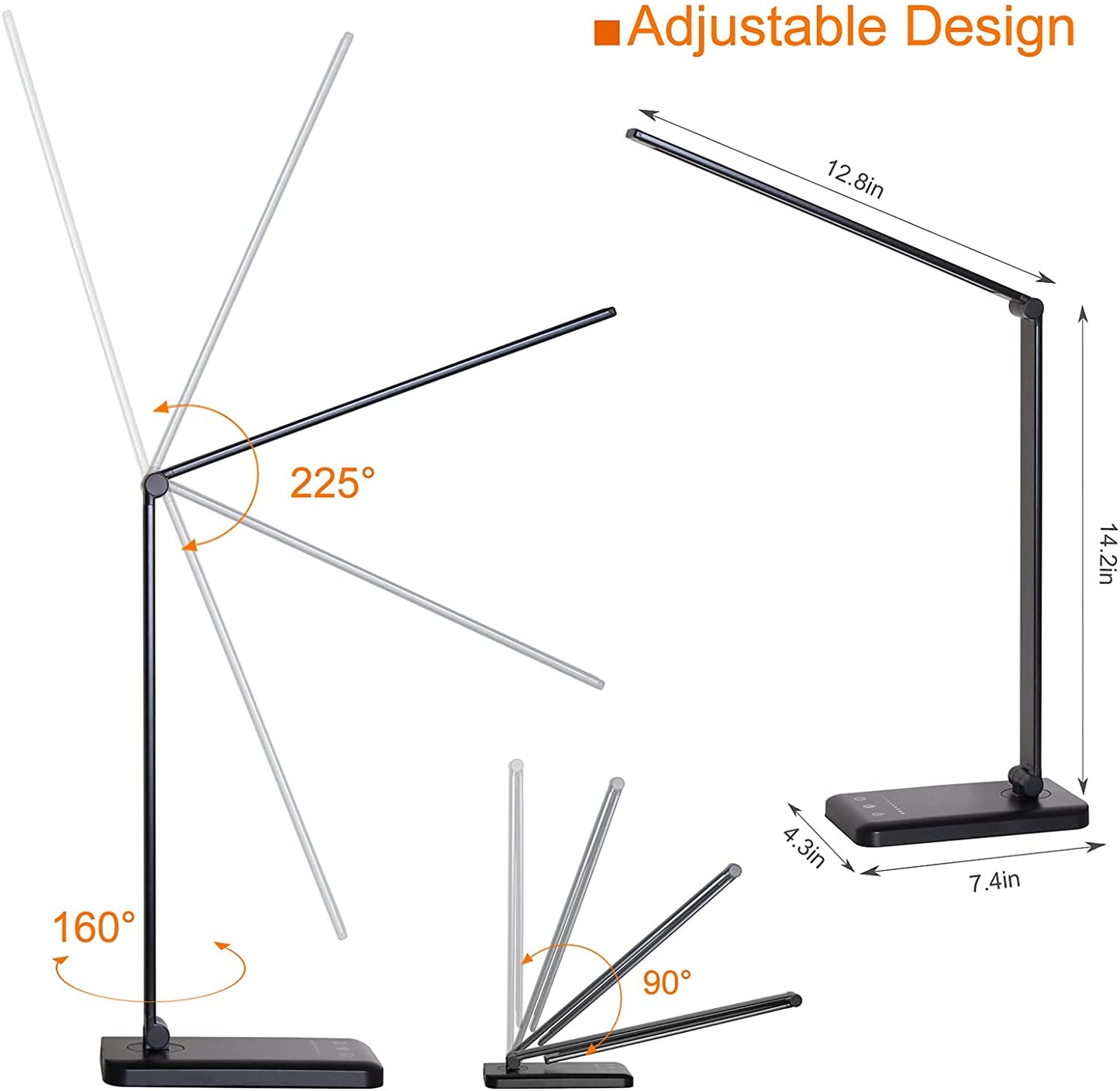 Modern LED desk lamp with wireless phone charger illuminating a minimalist office desk