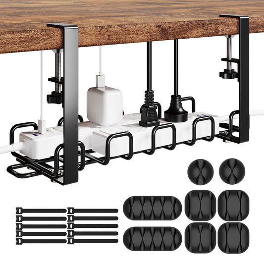 Heavy-duty under desk cable management tray organizing power strips and cables beneath a modern office desk
