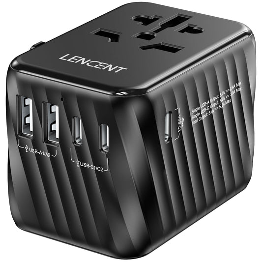 LENCENT universal travel power adapter with international plug compatibility and three USB charging ports