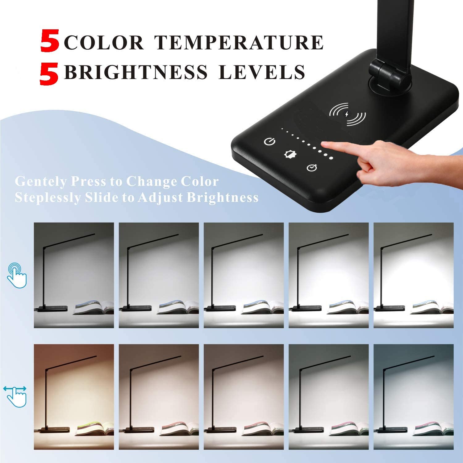 Modern LED desk lamp with wireless phone charger illuminating a minimalist office desk