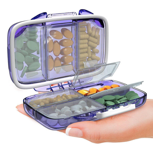 Compact moisture-proof travel pill organizer with multiple secure compartments for daily medication