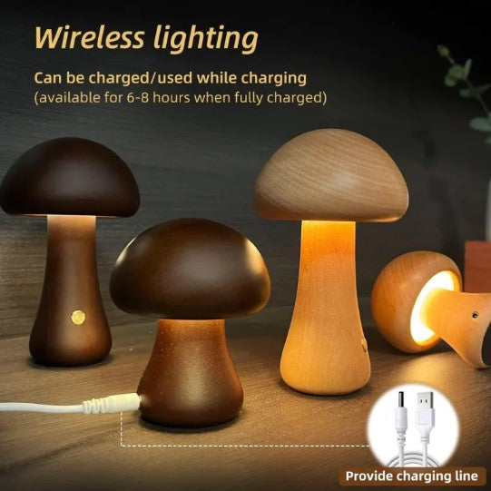 Modern mushroom table lamp with warm LED ambient lighting on a bedside table