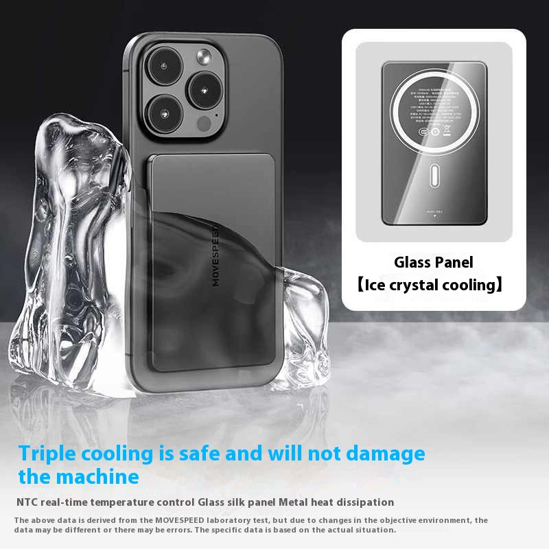 Magnetic wireless power bank attached to an iPhone.
