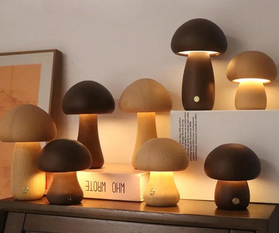 Modern mushroom table lamp with warm LED ambient lighting on a bedside table