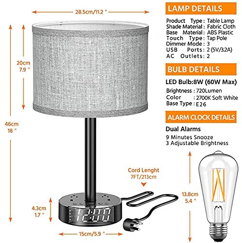Modern bedside table lamp with digital alarm clock and wireless phone charger on a nightstand