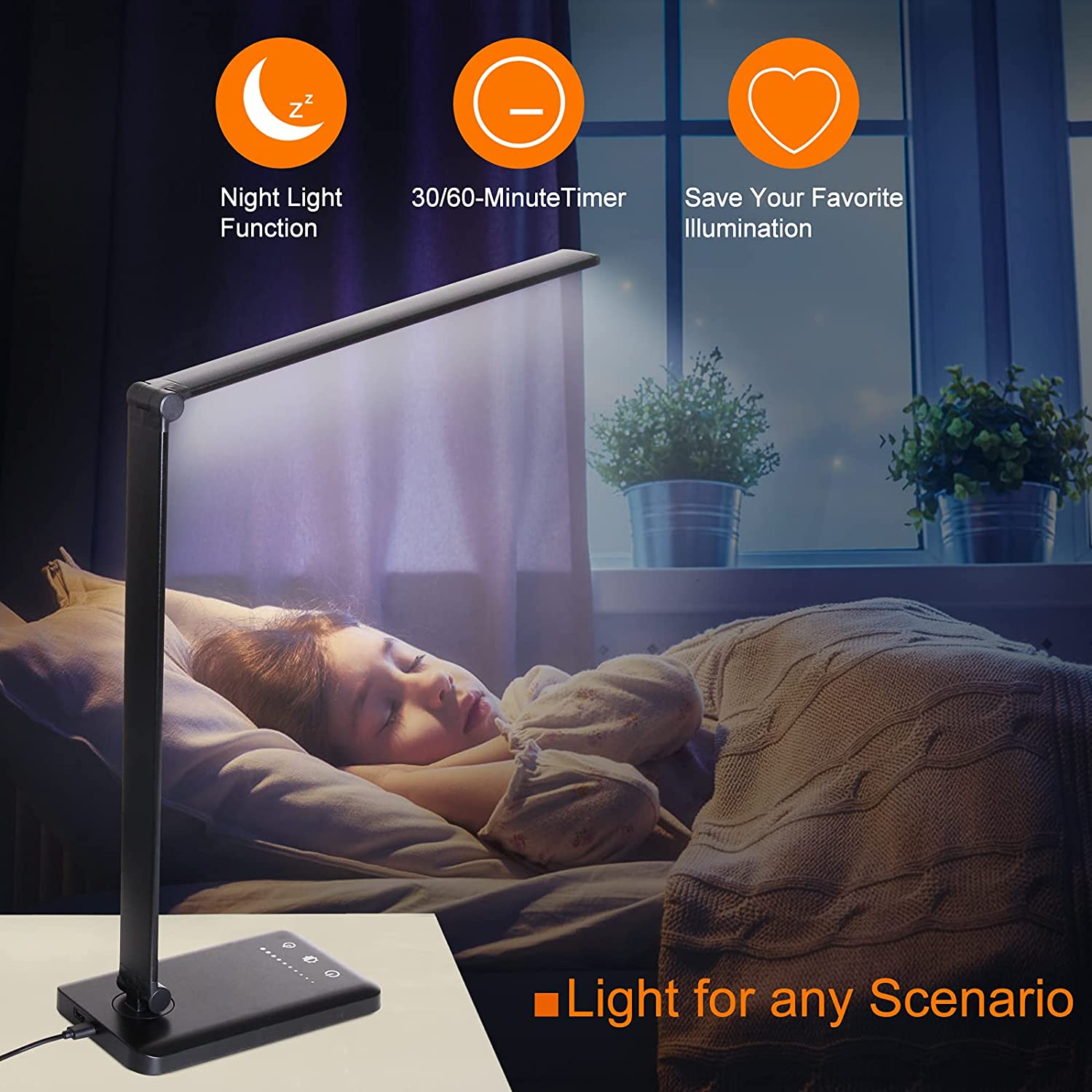 Modern LED desk lamp with wireless phone charger illuminating a minimalist office desk