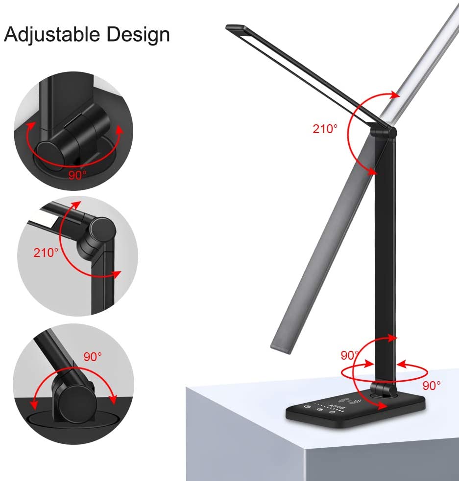 Modern LED desk lamp with wireless phone charger illuminating a minimalist office desk