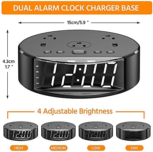 Modern bedside table lamp with digital alarm clock and wireless phone charger on a nightstand