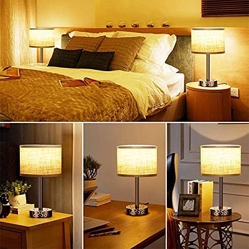 Modern bedside table lamp with digital alarm clock and wireless phone charger on a nightstand