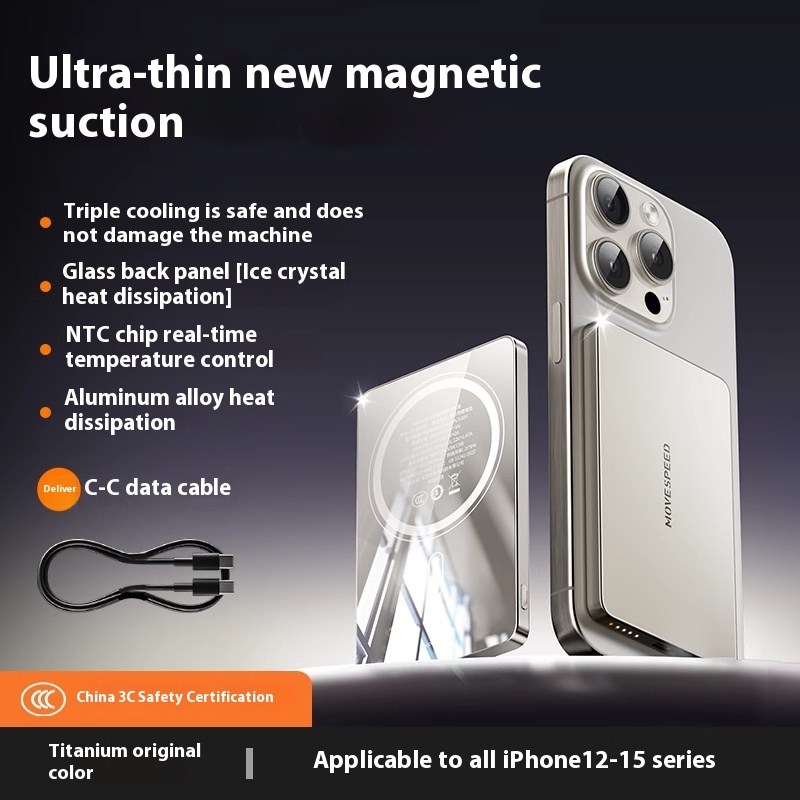 Magnetic wireless power bank attached to an iPhone.