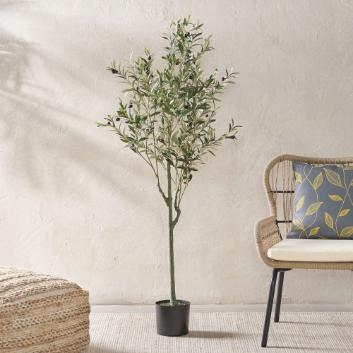 150 cm artificial olive tree in a decorative pot displayed in a modern living room
