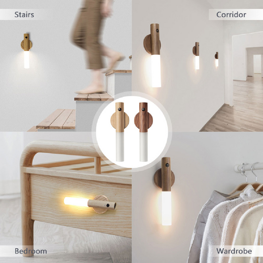 Rechargeable magnetic motion sensor LED night light installed beneath a kitchen cabinet