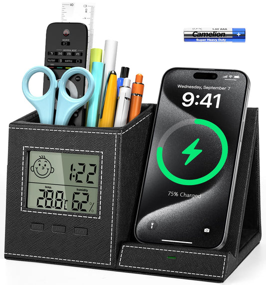 Modern desk pen holder organizer with wireless charger, digital clock, and indoor temperature display on an office desk