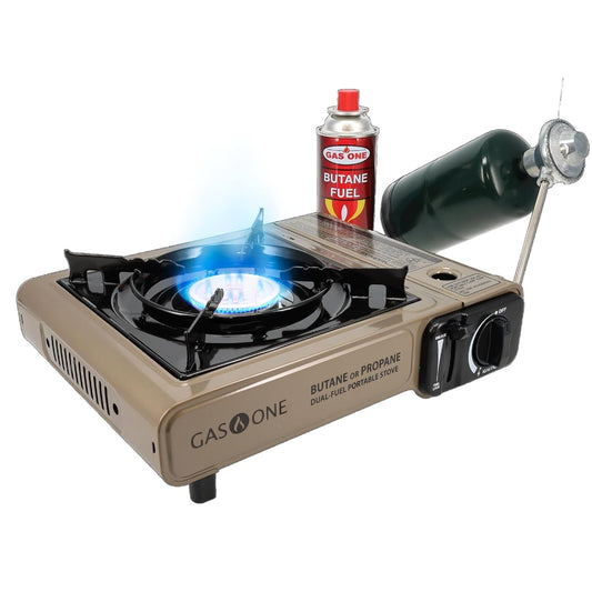 Dual fuel portable camping stove with automatic ignition