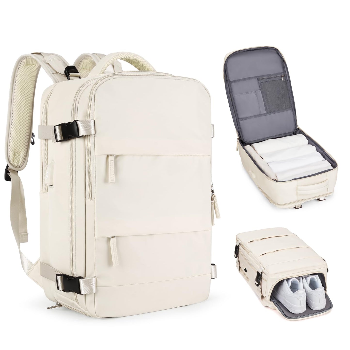 Large airline-approved travel backpack with laptop compartment and multiple storage pockets