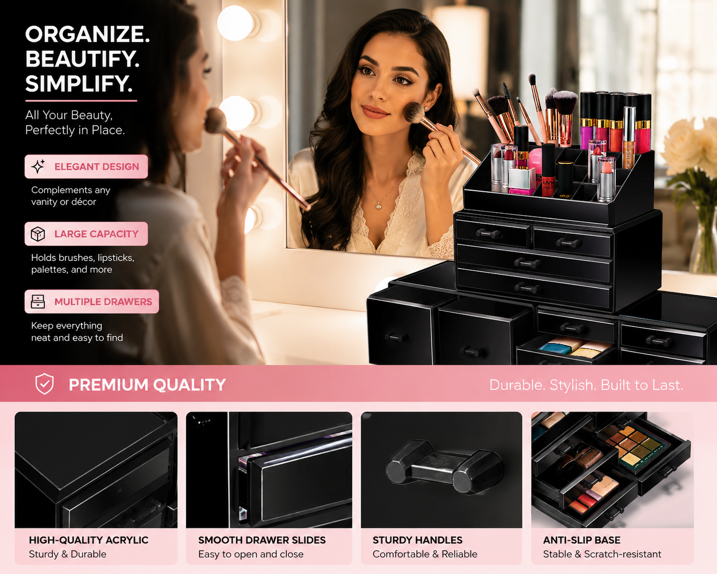 Premium acrylic beauty organizer for vanity