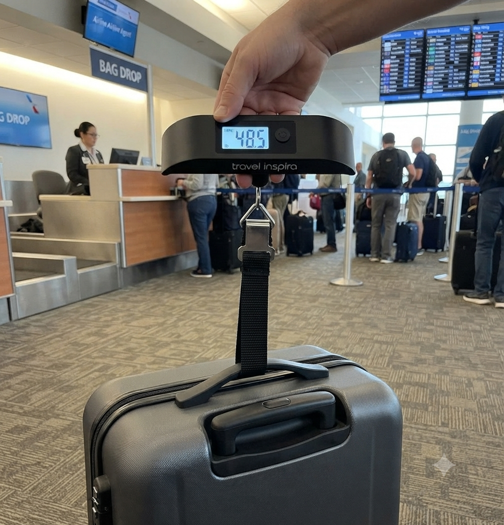 Travel Inspira digital luggage scale weighing a suitcase with a backlit LCD display