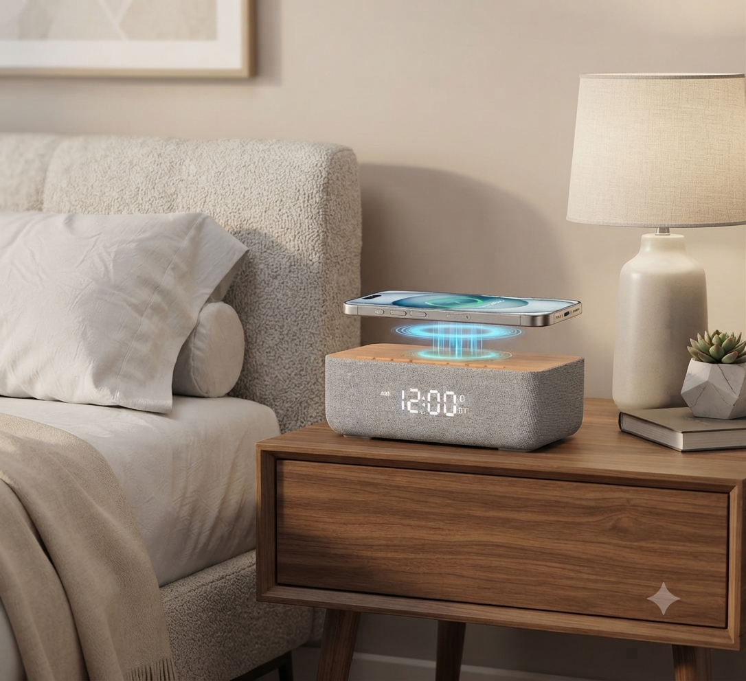 REACHER alarm clock radio with magnetic wireless charger charging an iPhone on a modern bedside table