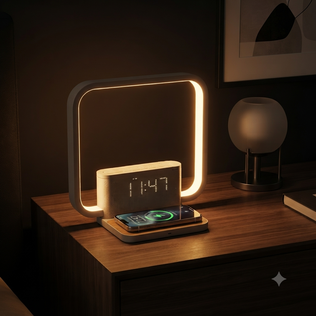 RETEYUNG sunrise alarm clock lamp with wireless charger illuminating a modern bedside table