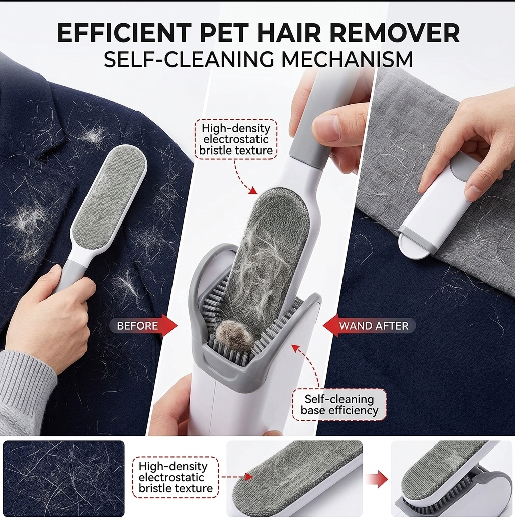 Reusable pet hair remover brush with self-cleaning base