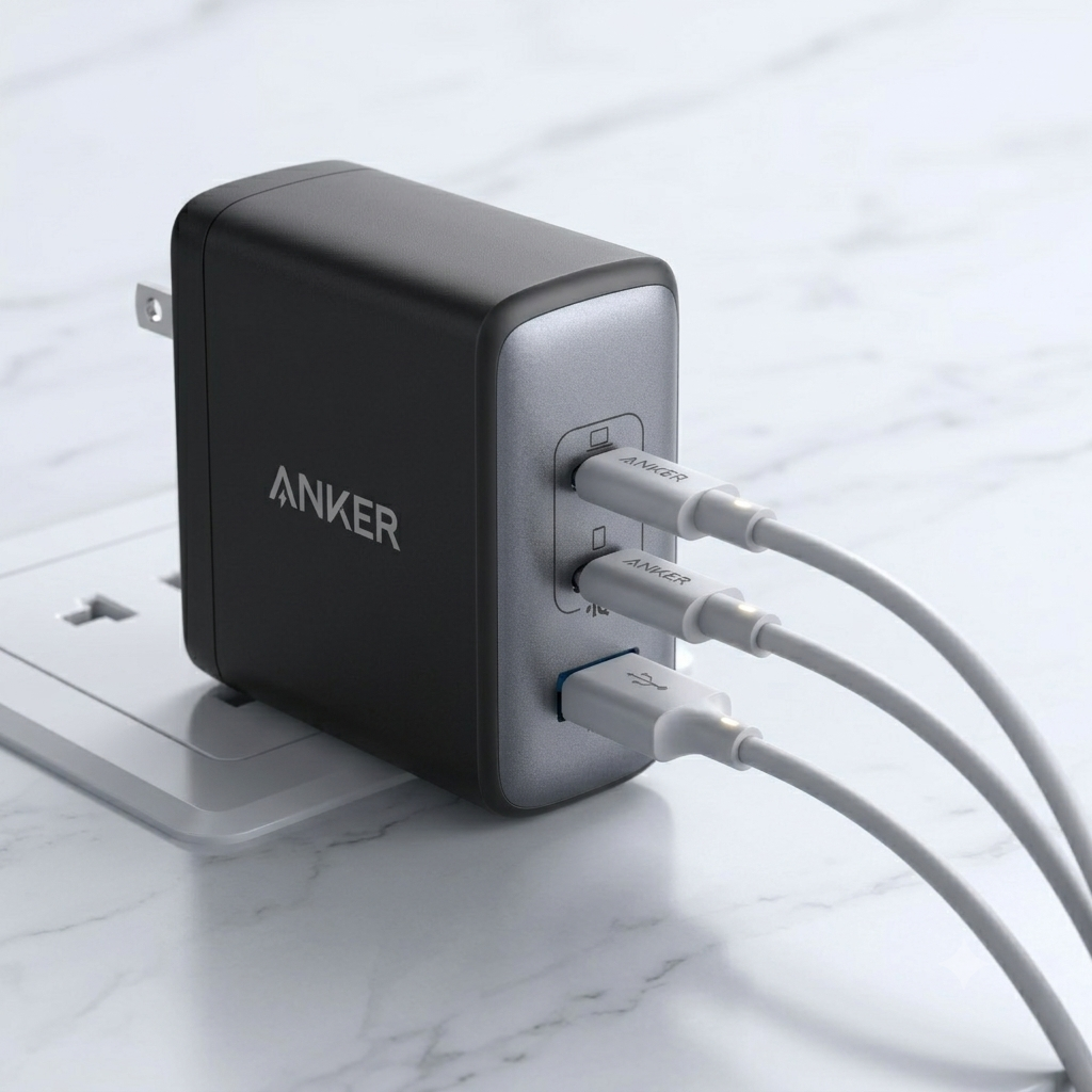 Anker Nano 100W GaN USB-C fast charger with three charging ports.