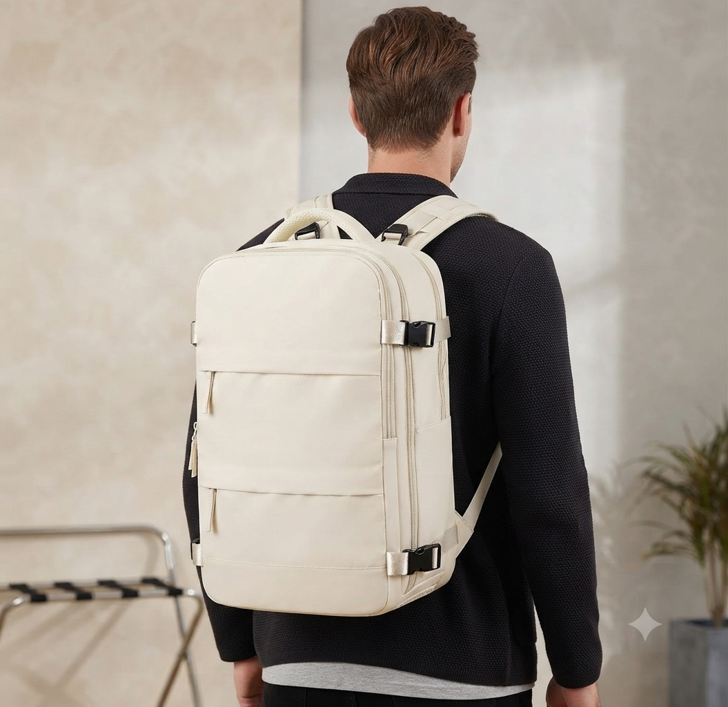 Large airline-approved travel backpack with laptop compartment and multiple storage pockets