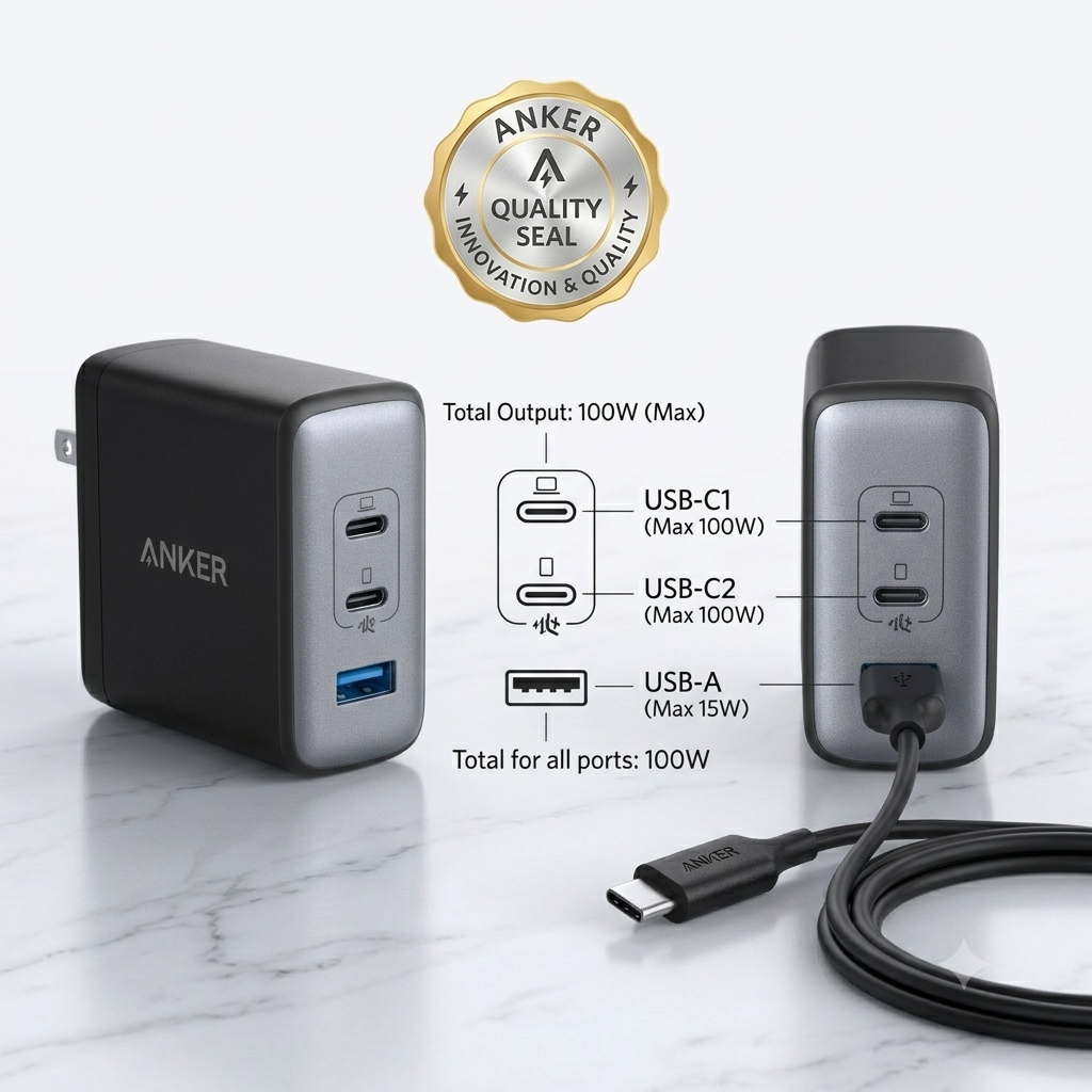 Anker Nano 100W GaN USB-C fast charger with three charging ports.