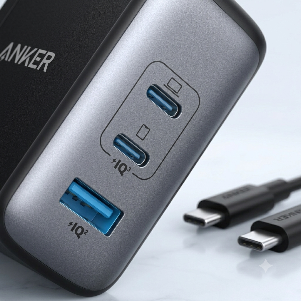 Anker Nano 100W GaN USB-C fast charger with three charging ports.