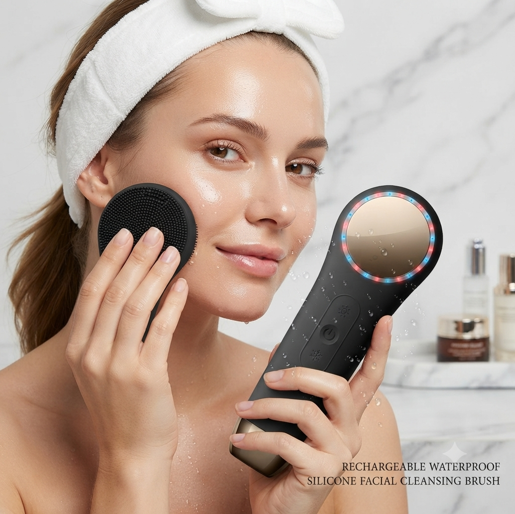 Rechargeable waterproof silicone facial cleansing brush for deep pore cleansing and daily skincare routine