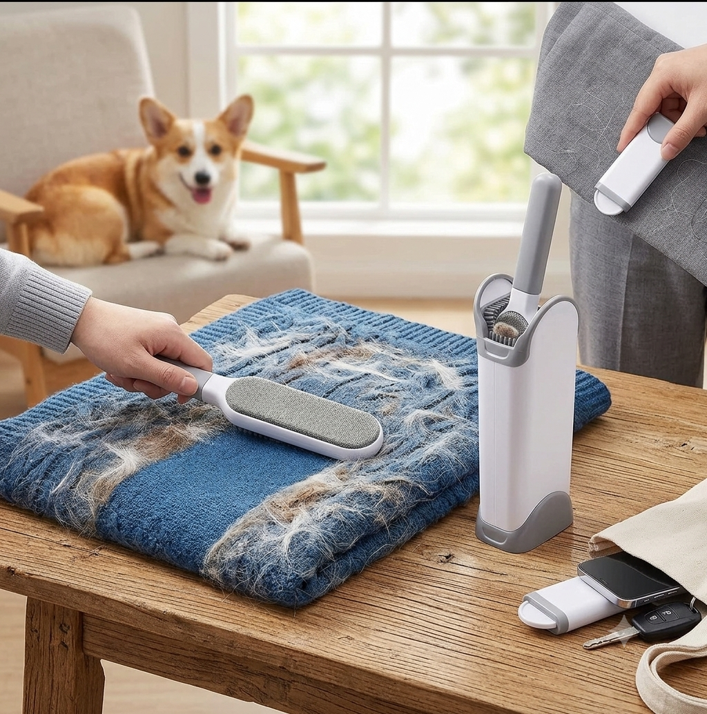 Reusable pet hair remover brush with self-cleaning base