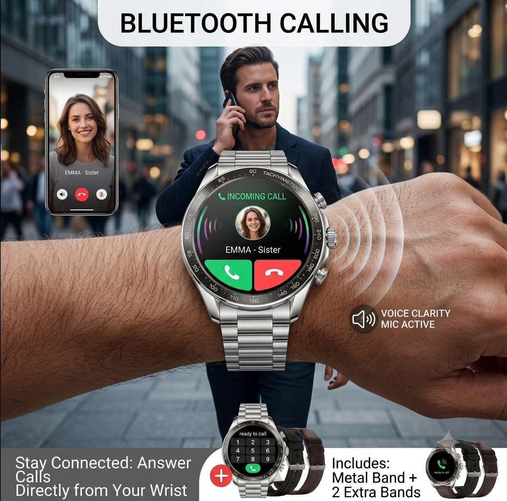 Premium Bluetooth smart watch with calling function and elegant metal design.