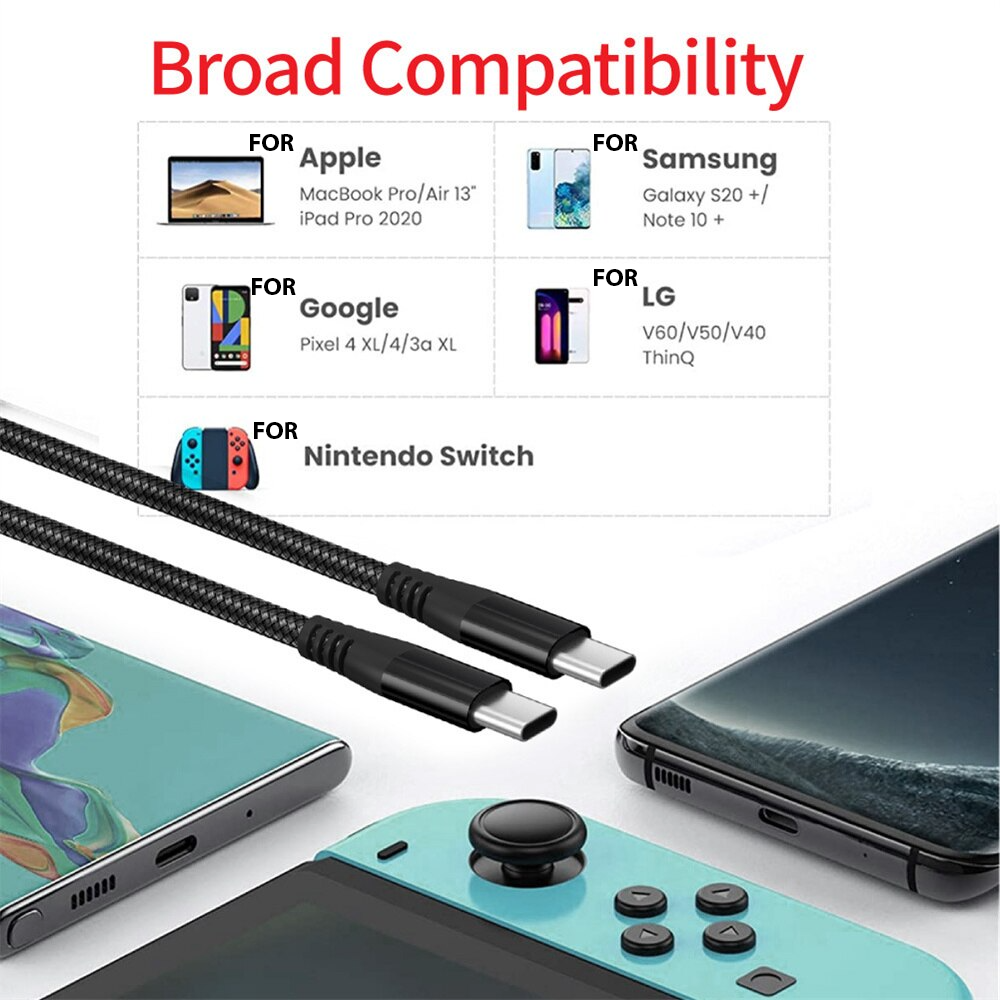 USB-C to USB-C charging cable for laptops and smartphones