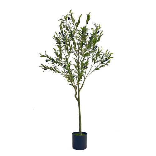 150 cm artificial olive tree in a decorative pot displayed in a modern living room