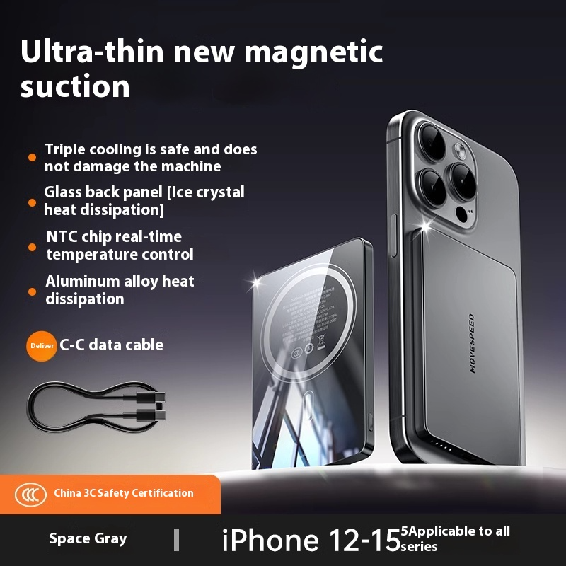 Magnetic wireless power bank attached to an iPhone.
