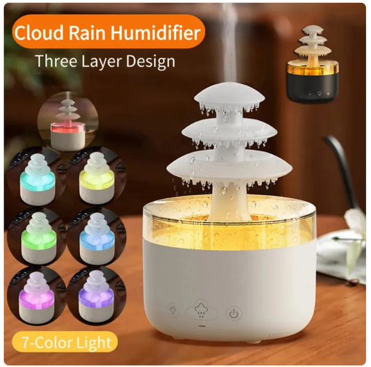 Cloud rain aromatherapy humidifier with realistic raindrop effect, cool mist, and soft LED ambient lighting
