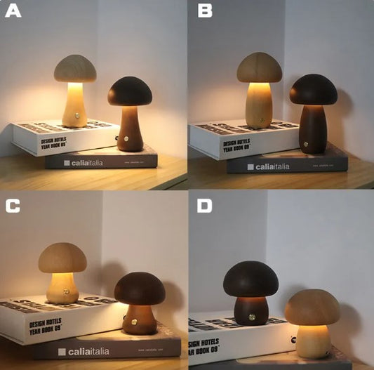 Modern mushroom table lamp with warm LED ambient lighting on a bedside table