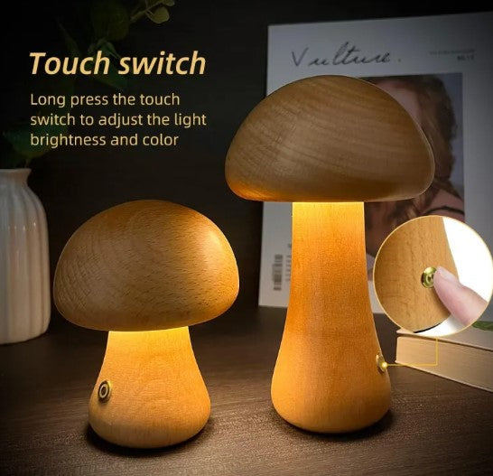 Modern mushroom table lamp with warm LED ambient lighting on a bedside table