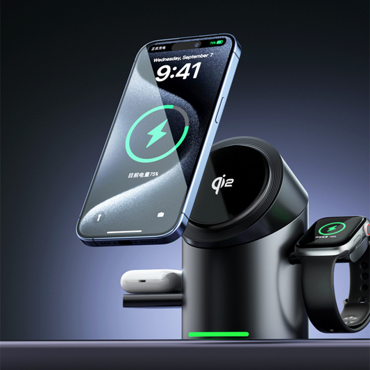 Premium magnetic 3-in-1 wireless charging station charging an iPhone, Apple Watch and wireless earbuds on a modern desktop.
