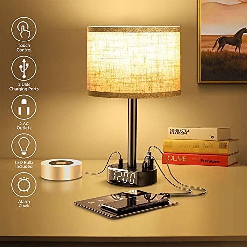 Modern bedside table lamp with digital alarm clock and wireless phone charger on a nightstand