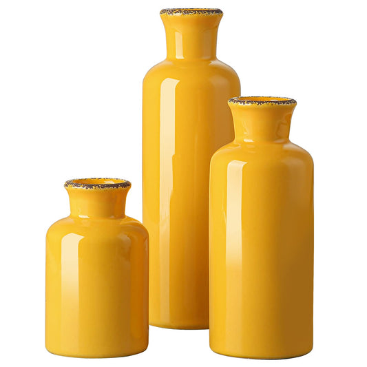 Set of three modern matte ceramic decorative vases displayed on a wooden shelf with dried pampas grass