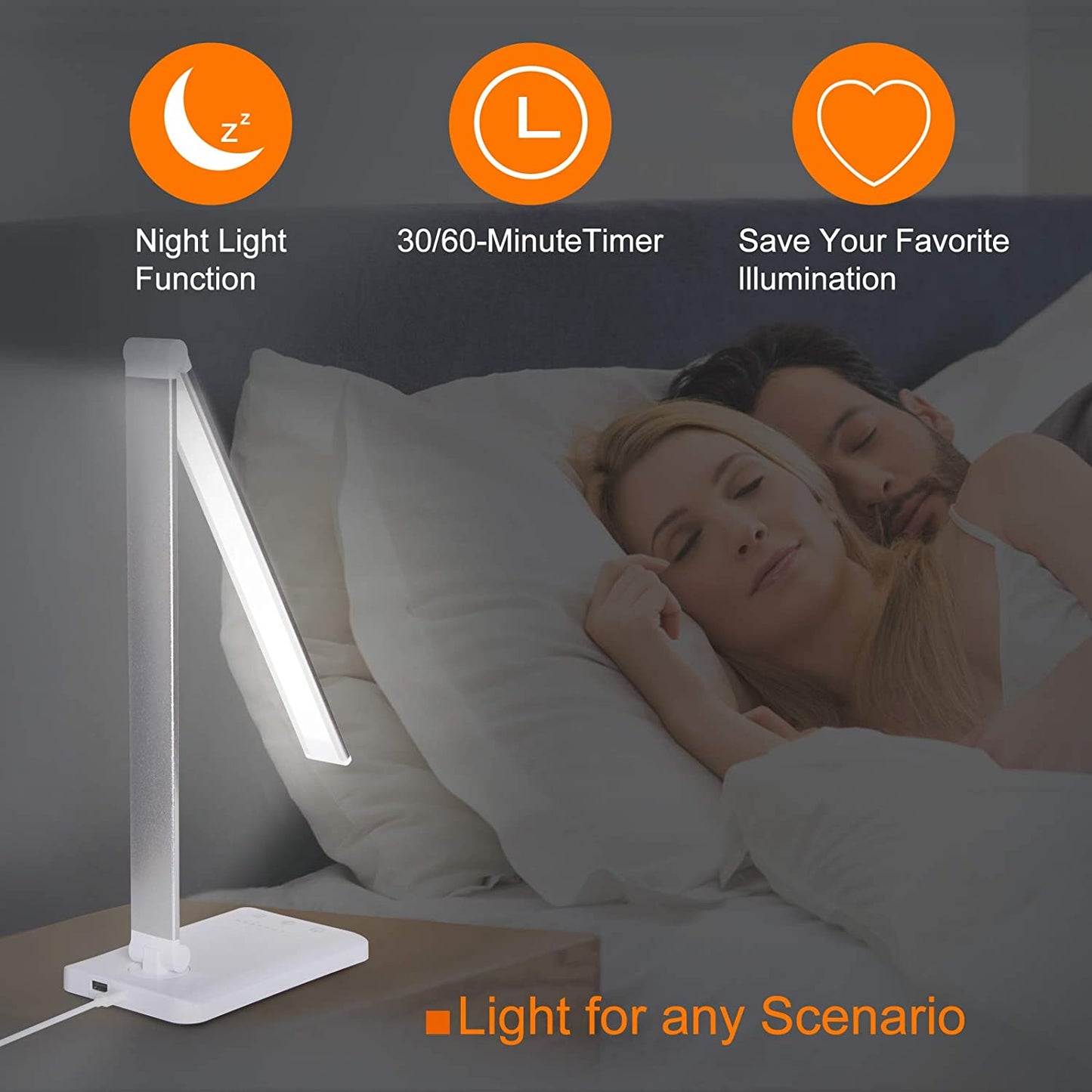 Modern LED desk lamp with wireless phone charger illuminating a minimalist office desk