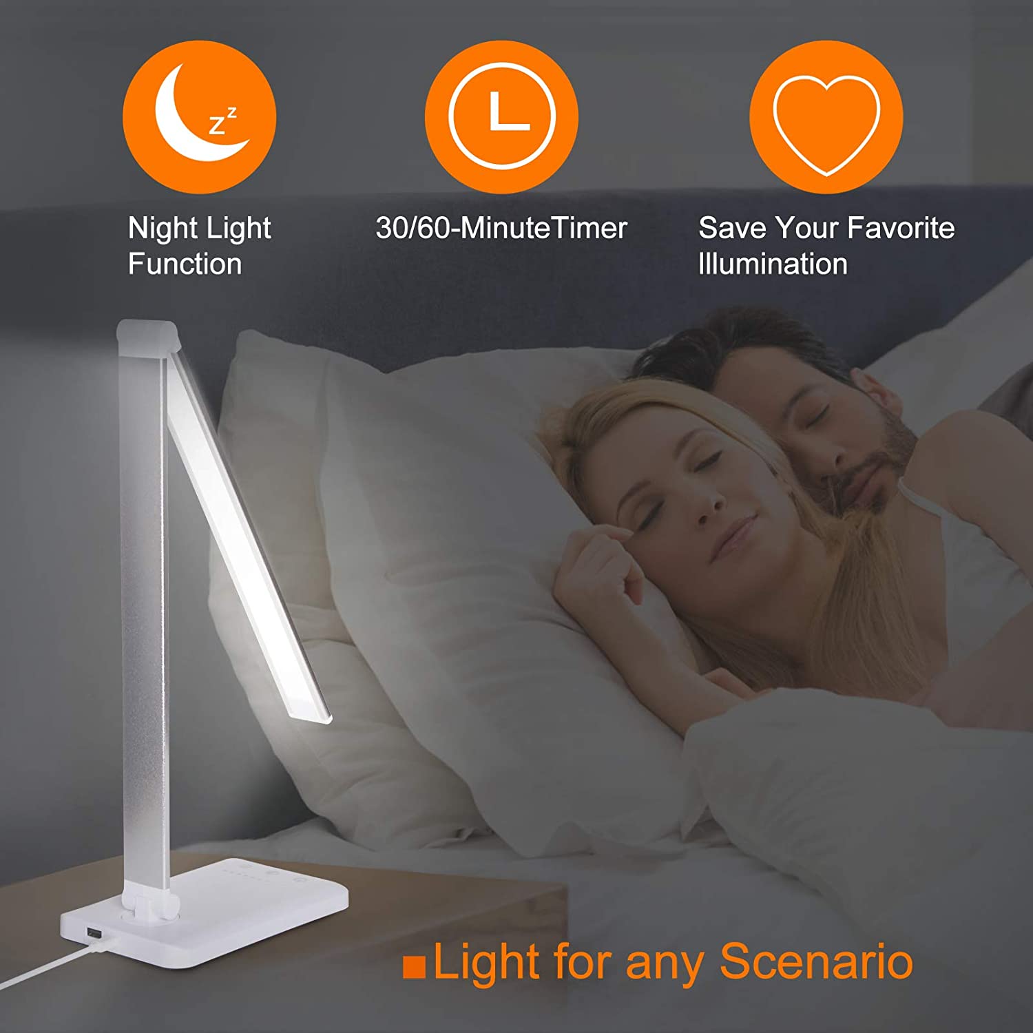 Modern LED desk lamp with wireless phone charger illuminating a minimalist office desk